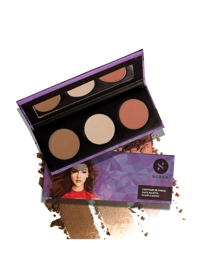 SUGAR Cosmetics Contour De Force Face Palette for Makeup | Includes Matte Bronzer, Highlighter & Blush | Makeup Palette with Built-in Mirror - 01 Subtle Summit - Image 1